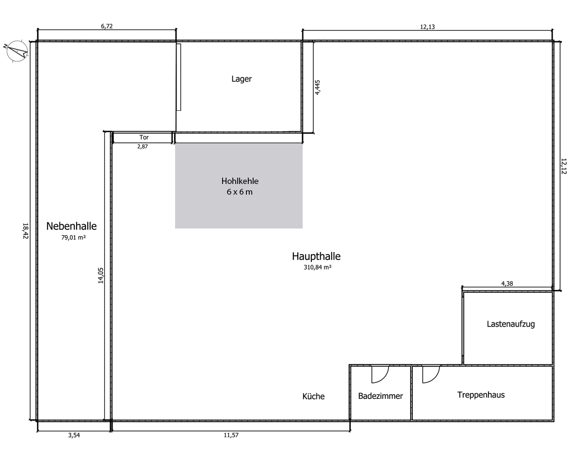 Grundriss Brooklyn Studio — Haupthalle 310 m², Nebenhalle 79 m², Hohlkehle 6×6 m, Küche, Bad, Lastenaufzug