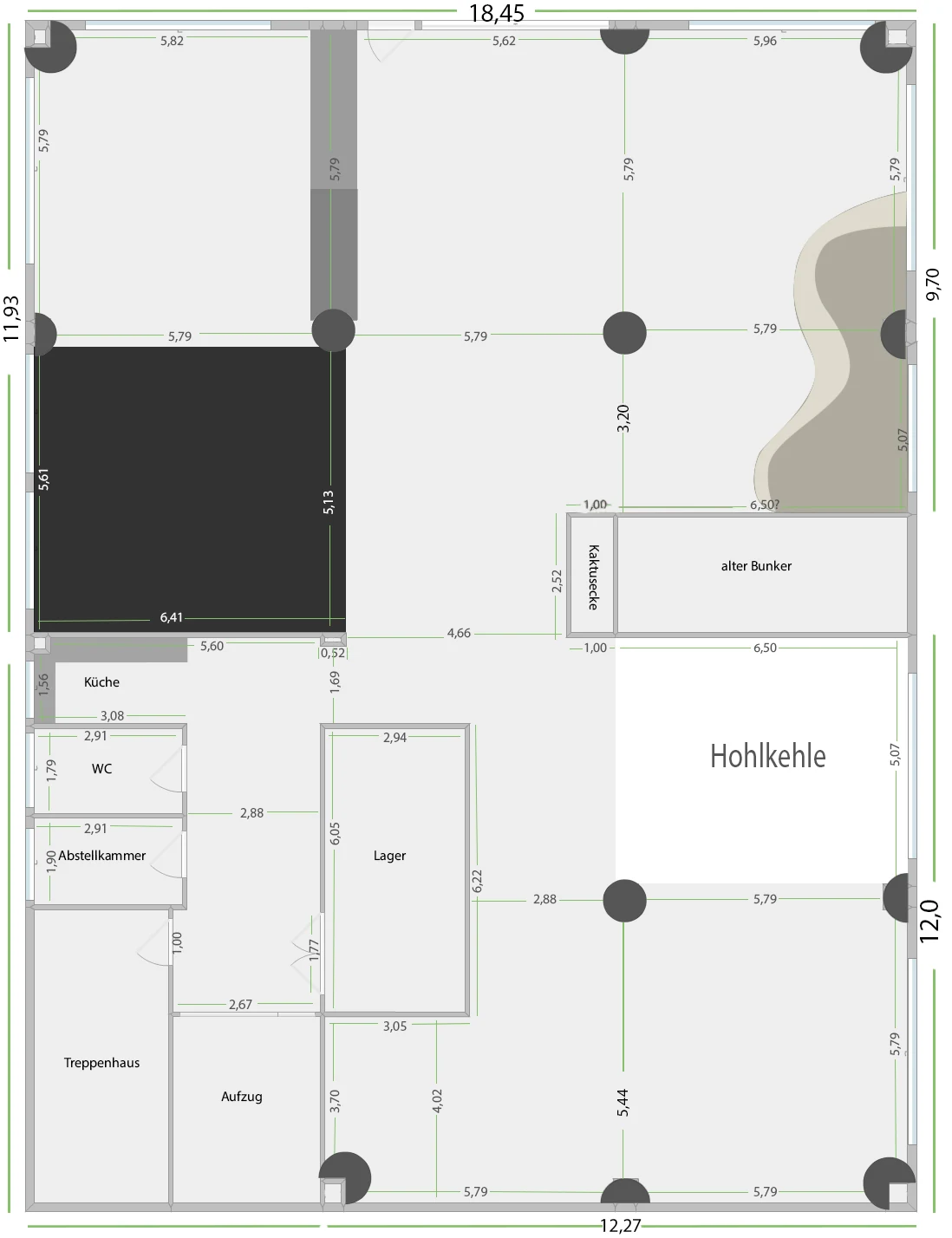 Grundriss Gaia Studio — ca. 380 m², Hohlkehle, Designwand, Kaktusecke, alter Bunker, Säulen